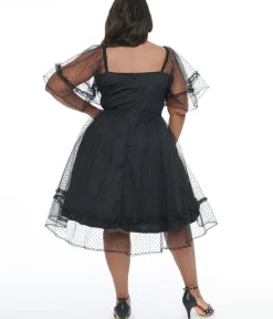 Unique Vintage Swing|Swing>Plus Size 1950s Black Ruffle Sweetheart Swing Dress