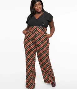 Unique Vintage Pants|Pants>Plus Size 1930s Black & Rust Plaid Thelma Suspender Pants