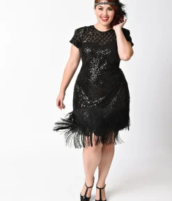 Unique Vintage Pencil|Pencil>Plus Size 1920s Black Sequin Fringe Del Mar Flapper Dress