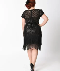 Unique Vintage Pencil|Pencil>Plus Size 1920s Black Sequin Fringe Del Mar Flapper Dress