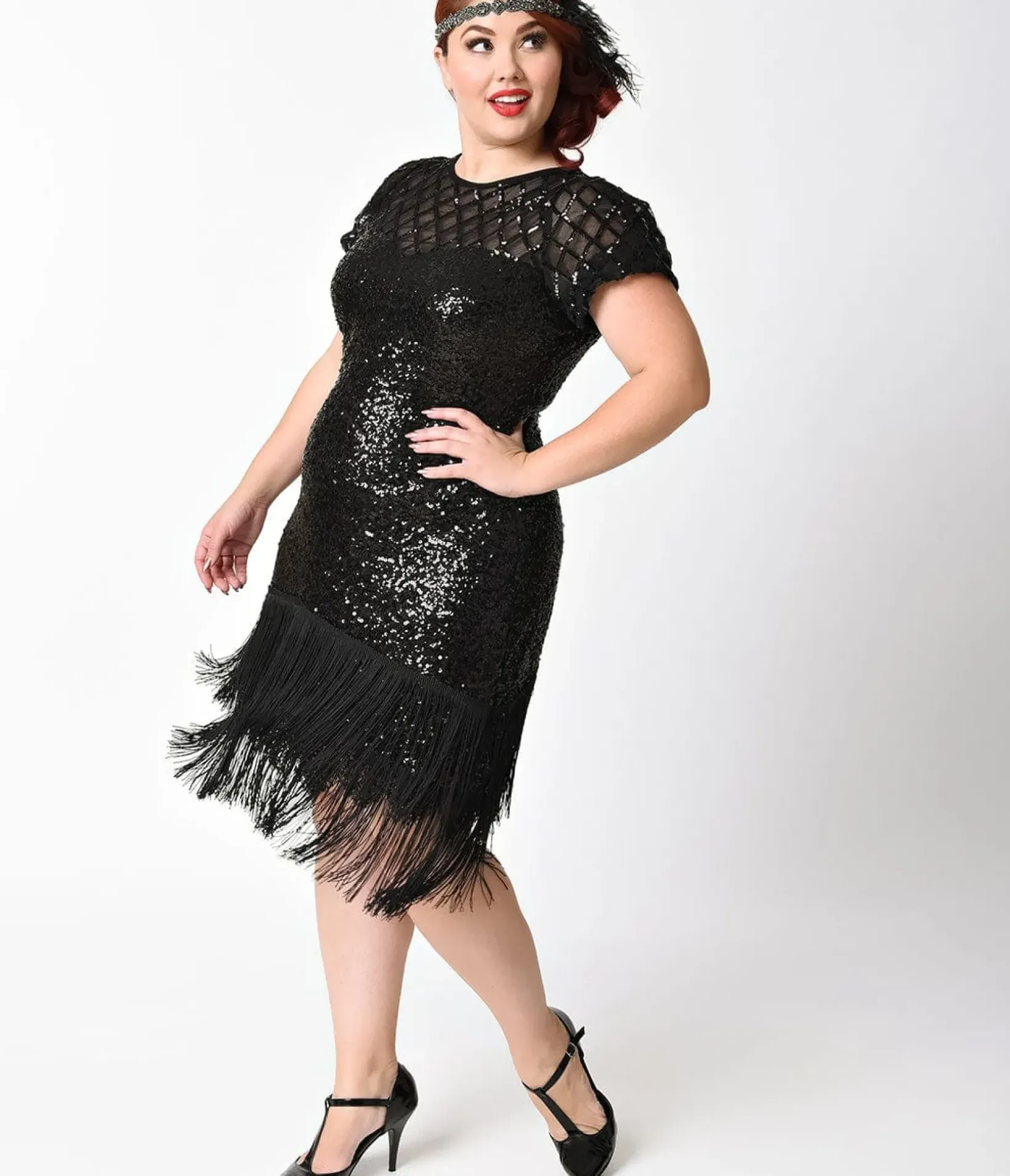 Unique Vintage Pencil|Pencil>Plus Size 1920s Black Sequin Fringe Del Mar Flapper Dress