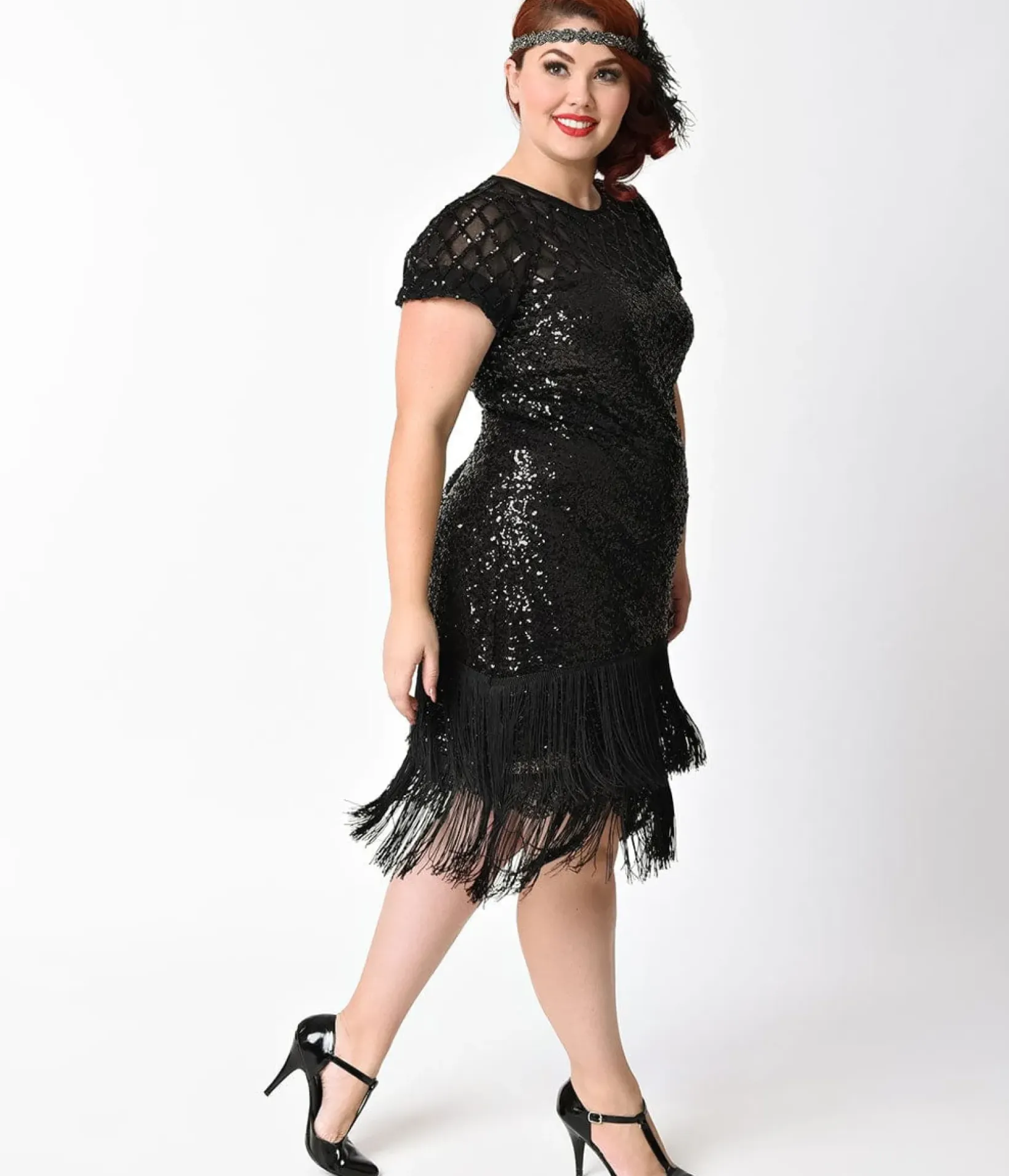Unique Vintage Pencil|Pencil>Plus Size 1920s Black Sequin Fringe Del Mar Flapper Dress