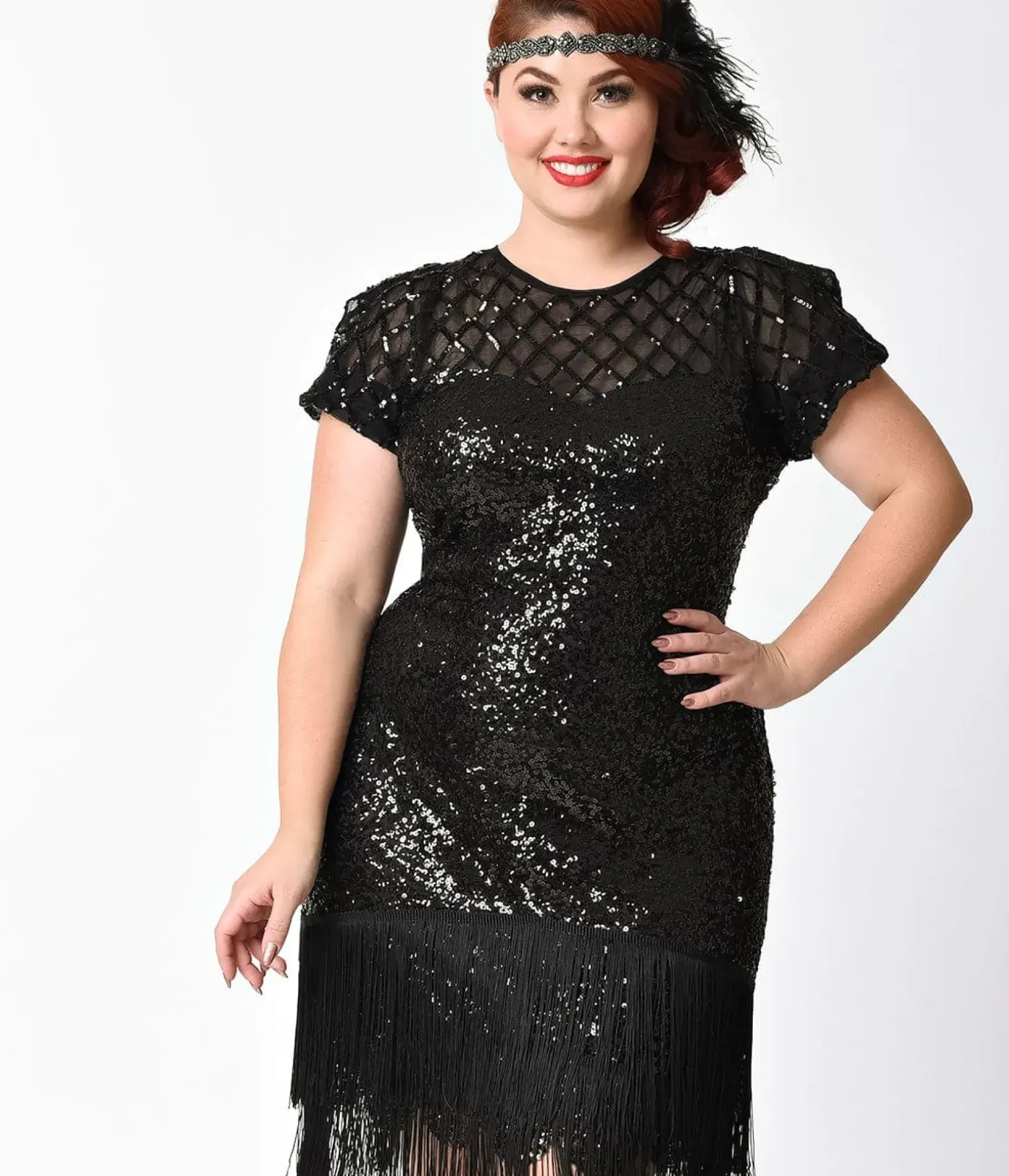 Unique Vintage Pencil|Pencil>Plus Size 1920s Black Sequin Fringe Del Mar Flapper Dress