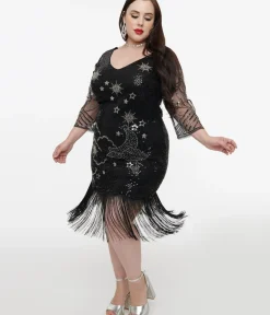 Unique Vintage Special Occasion|All Things Black>Plus Size 1920s Black & Silver Moon & Stars Sequin Margaux Flapper Dress