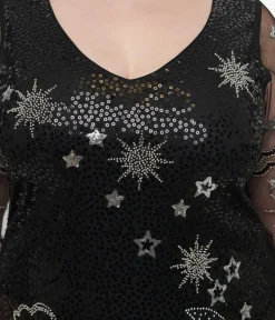 Unique Vintage Special Occasion|All Things Black>Plus Size 1920s Black & Silver Moon & Stars Sequin Margaux Flapper Dress