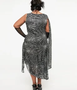 Unique Vintage Everyday Dresses|Special Occasion>Plus Size 1920s Black & Silver Sequin Spider Web Draped Flapper Dress