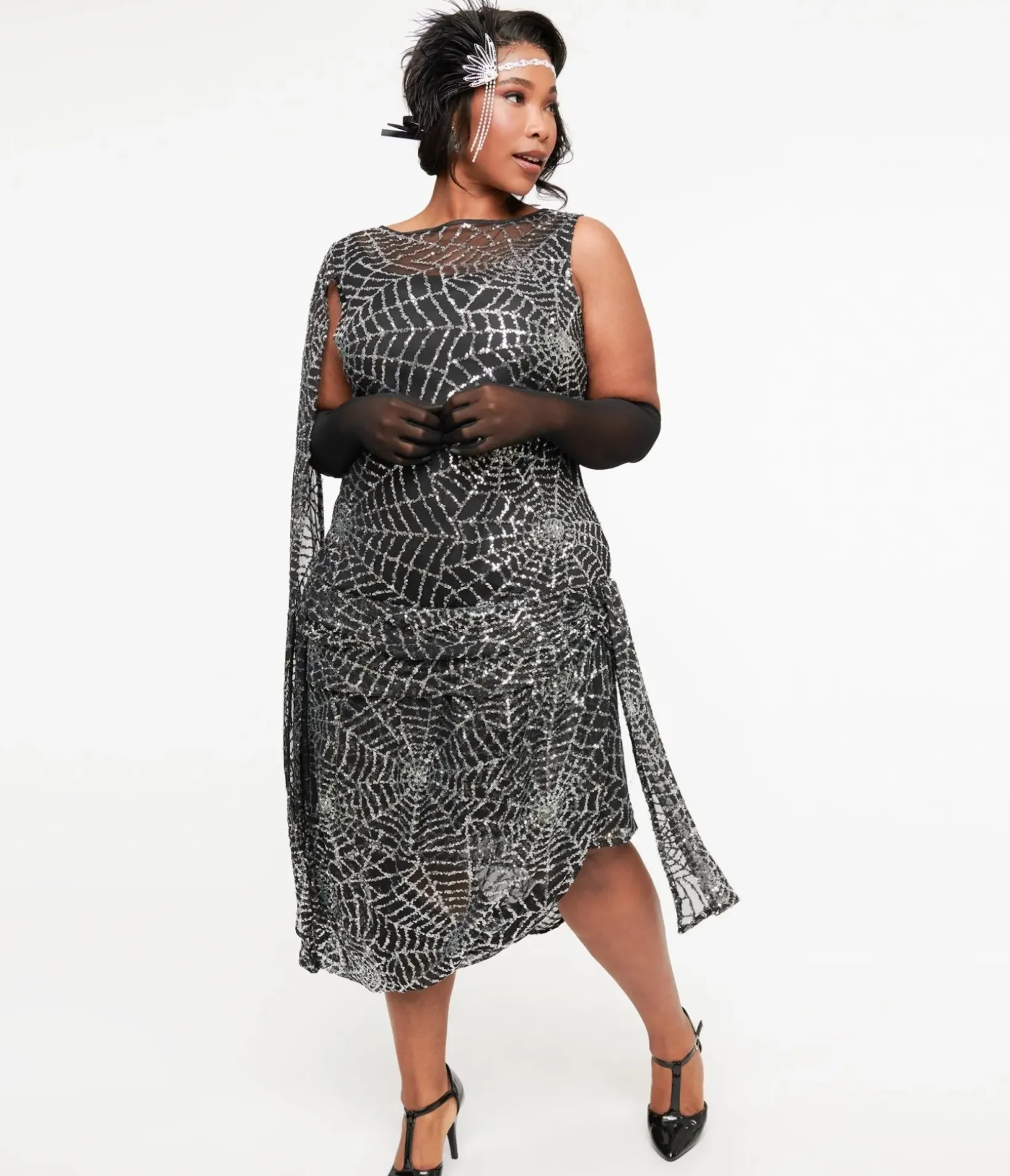 Unique Vintage Everyday Dresses|Special Occasion>Plus Size 1920s Black & Silver Sequin Spider Web Draped Flapper Dress