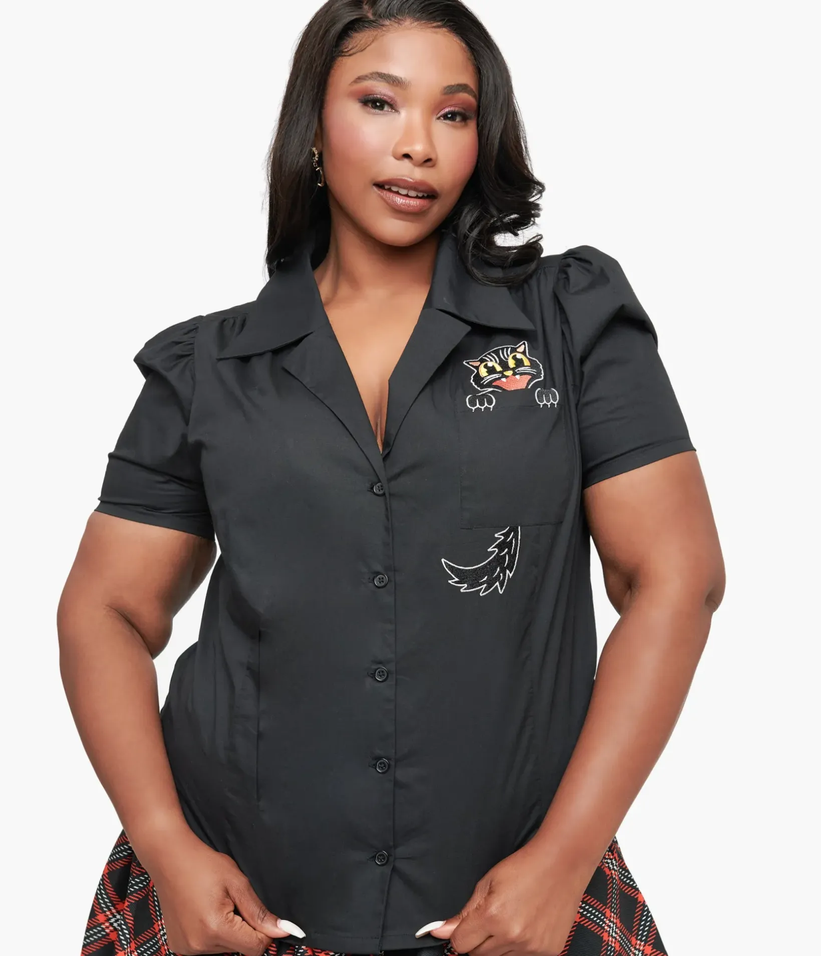 Unique Vintage All Things Black|Halloween>Plus Size 1940s Black Spooky Cat Cotton Blouse