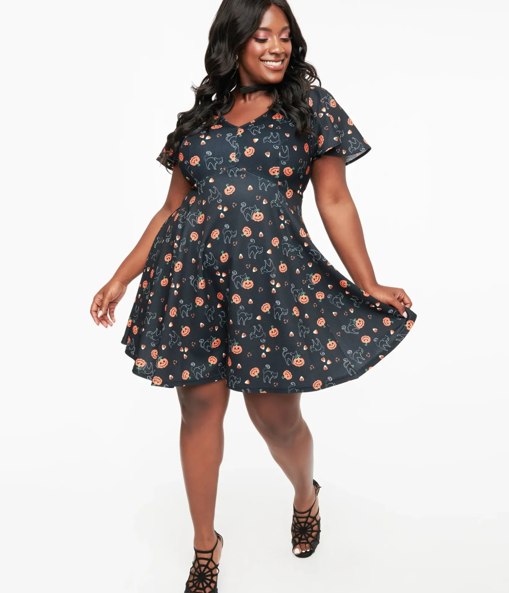 Unique Vintage Fit & Flare|Fit & Flare>Plus Size 1950s Black Spooky Cats & Pumpkins Poppy Flare Dress