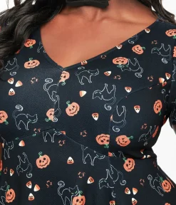 Unique Vintage Fit & Flare|Fit & Flare>Plus Size 1950s Black Spooky Cats & Pumpkins Poppy Flare Dress