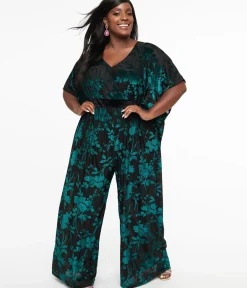 Unique Vintage Caftans|Caftans>Plus Size 1970s Black & Teal Velvet Floral Burnout Caftan Jumpsuit