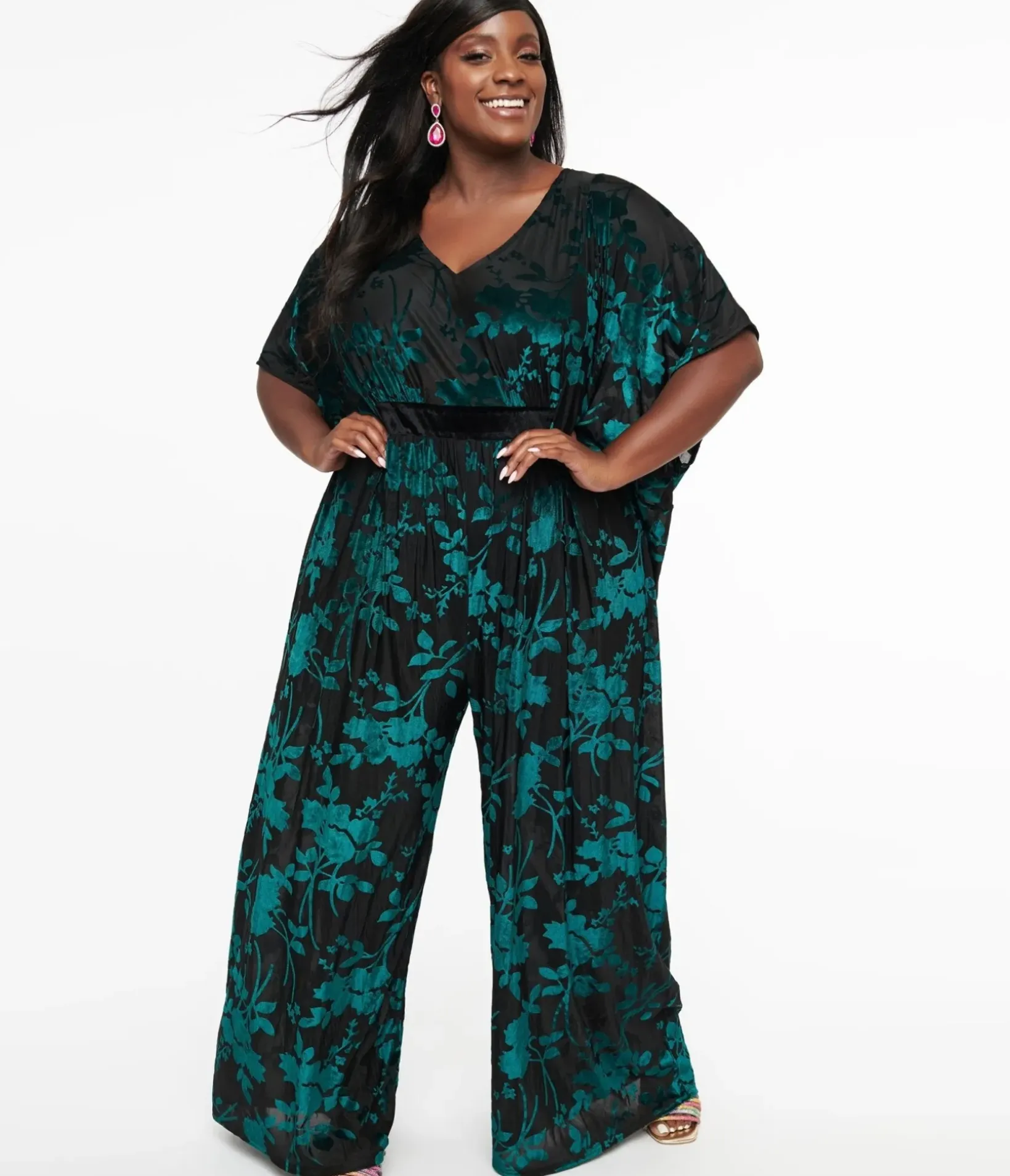 Unique Vintage Caftans|Caftans>Plus Size 1970s Black & Teal Velvet Floral Burnout Caftan Jumpsuit