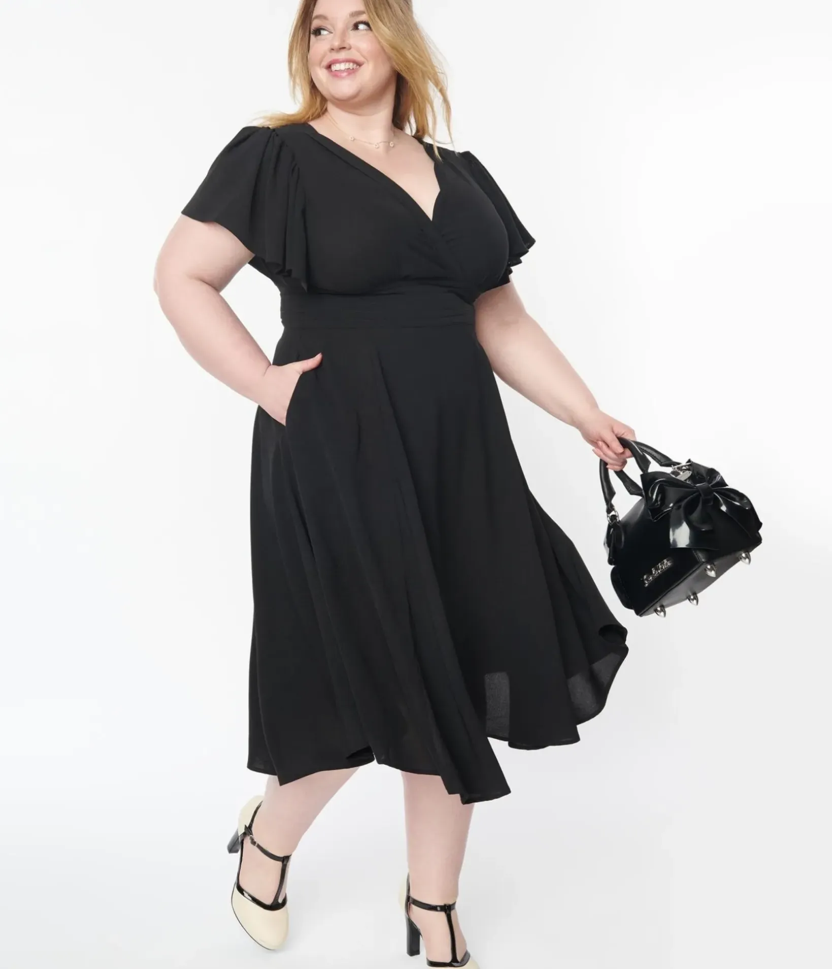 Unique Vintage Swing|Pocket Dresses>Plus Size 1940s Black Texture Swing Dress