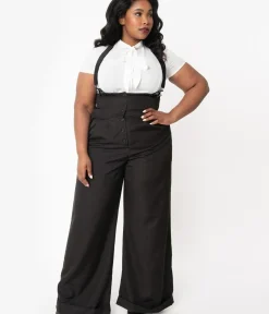 Unique Vintage Pants|Pants>Plus Size 1930s Black Thelma Suspender Pants