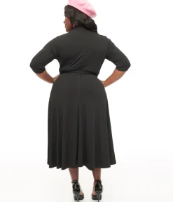 Unique Vintage Midi|Pocket Dresses>Plus Size 1950s Black Turtleneck Midi Dress