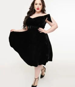 Unique Vintage Swing|Pocket Dresses>Plus Size 1960s Black Velvet Prairie Swing Dress