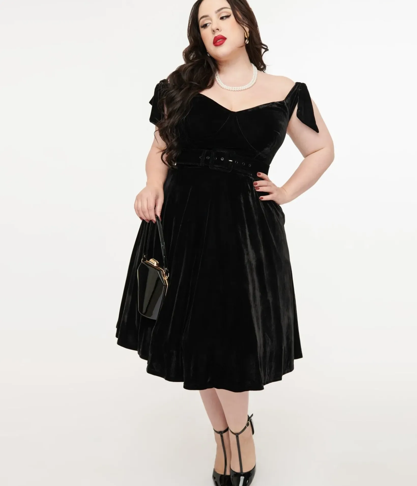 Unique Vintage Swing|Pocket Dresses>Plus Size 1960s Black Velvet Prairie Swing Dress