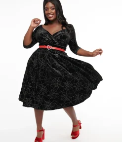 Unique Vintage Swing|Pocket Dresses>Plus Size 1950s Black Velvet & Silver Spiderweb Marceline Swing Dress