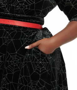 Unique Vintage Swing|Pocket Dresses>Plus Size 1950s Black Velvet & Silver Spiderweb Marceline Swing Dress