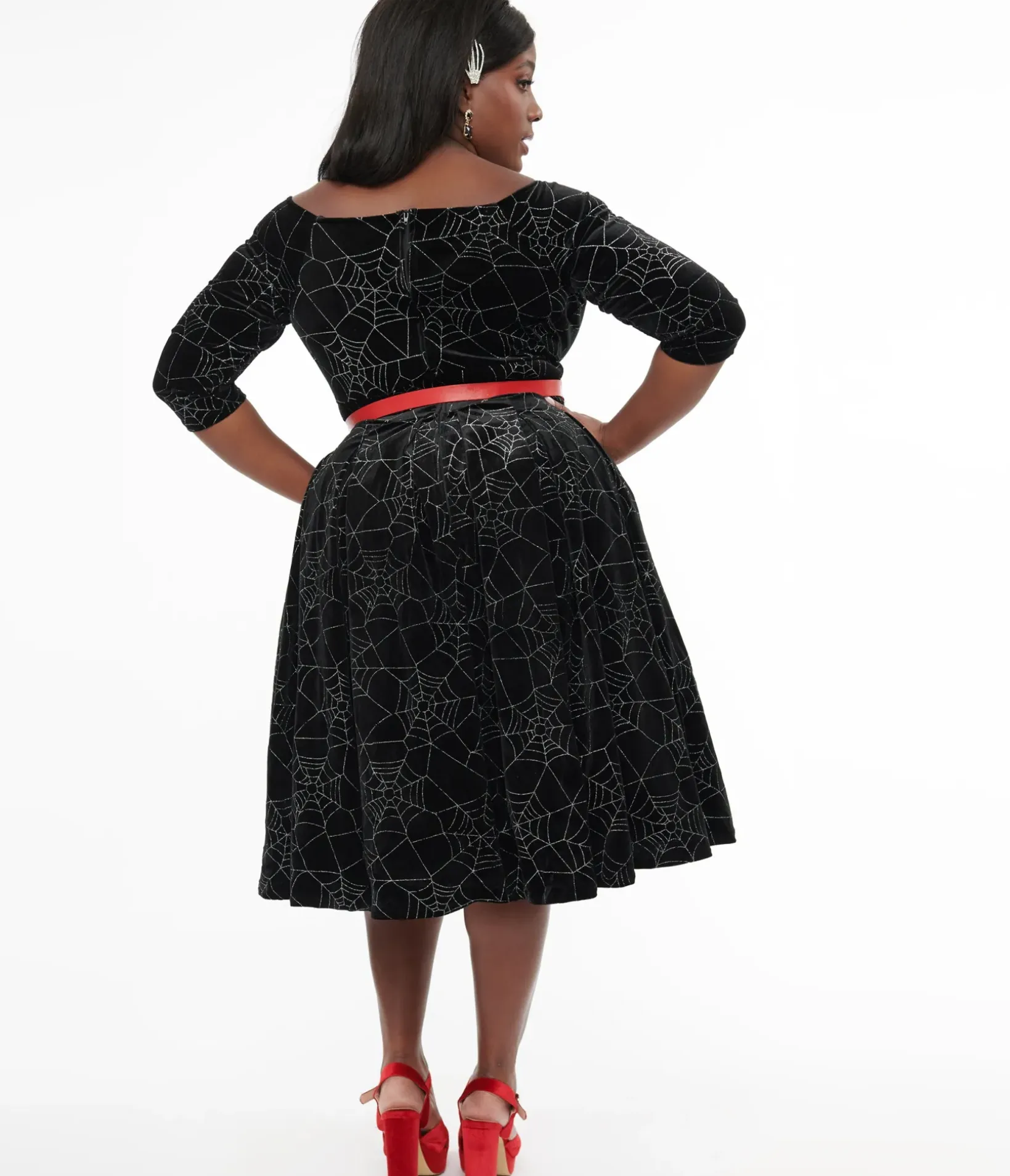 Unique Vintage Swing|Pocket Dresses>Plus Size 1950s Black Velvet & Silver Spiderweb Marceline Swing Dress