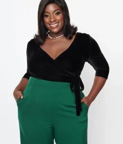Unique Vintage All Things Black>Plus Size 1970s Black Velvet Surplice Bodysuit