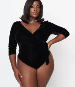 Unique Vintage All Things Black>Plus Size 1970s Black Velvet Surplice Bodysuit
