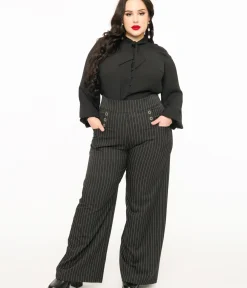 Unique Vintage Pants|Pants>Plus Size 1940s Black & White Pin Stripe High Waist Sailor Ginger Pants