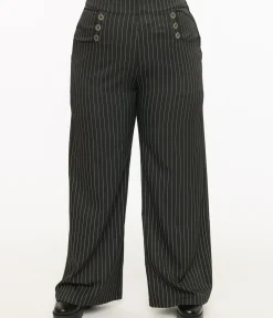 Unique Vintage Pants|Pants>Plus Size 1940s Black & White Pin Stripe High Waist Sailor Ginger Pants