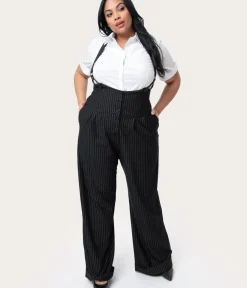 Unique Vintage Pants|Pants>Plus Size 1930s Black & White Pin Stripe Thelma Suspender Pants