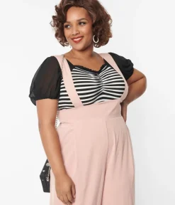 Unique Vintage All Things Black>Plus Size 1940s Black & White Striped Short Sleeve Bodysuit