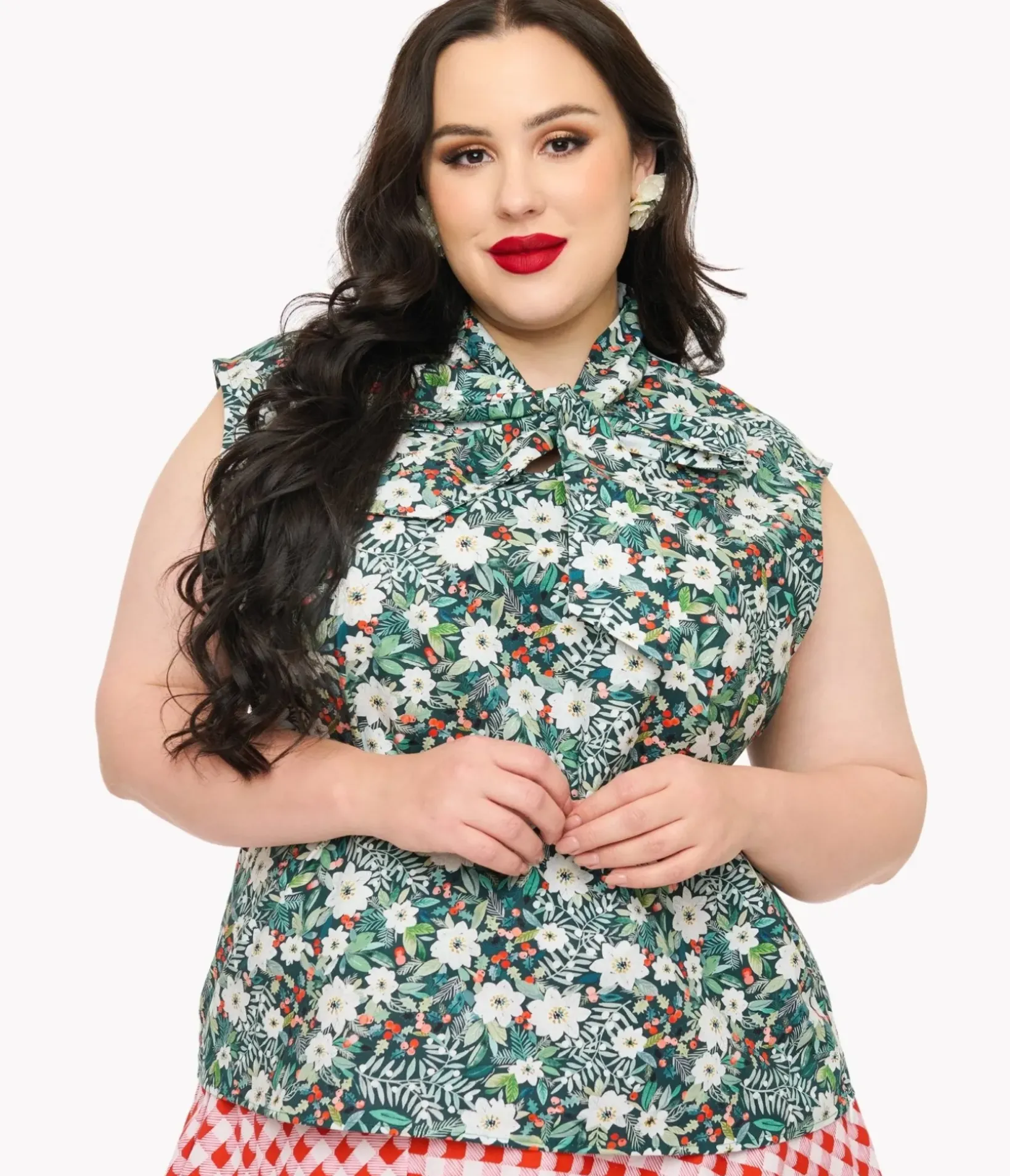 Unique Vintage Blouses|Blouses>Plus Size 1950s Burgundy & Black Clip Dot Tie Cuff Blouse