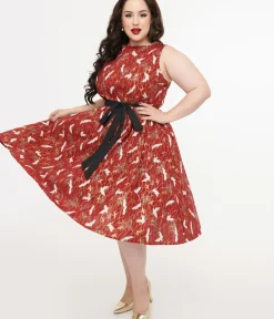 Unique Vintage Swing|Pocket Dresses>Plus Size 1950s Burgundy Fall Crane Sleeveless Swing Dress