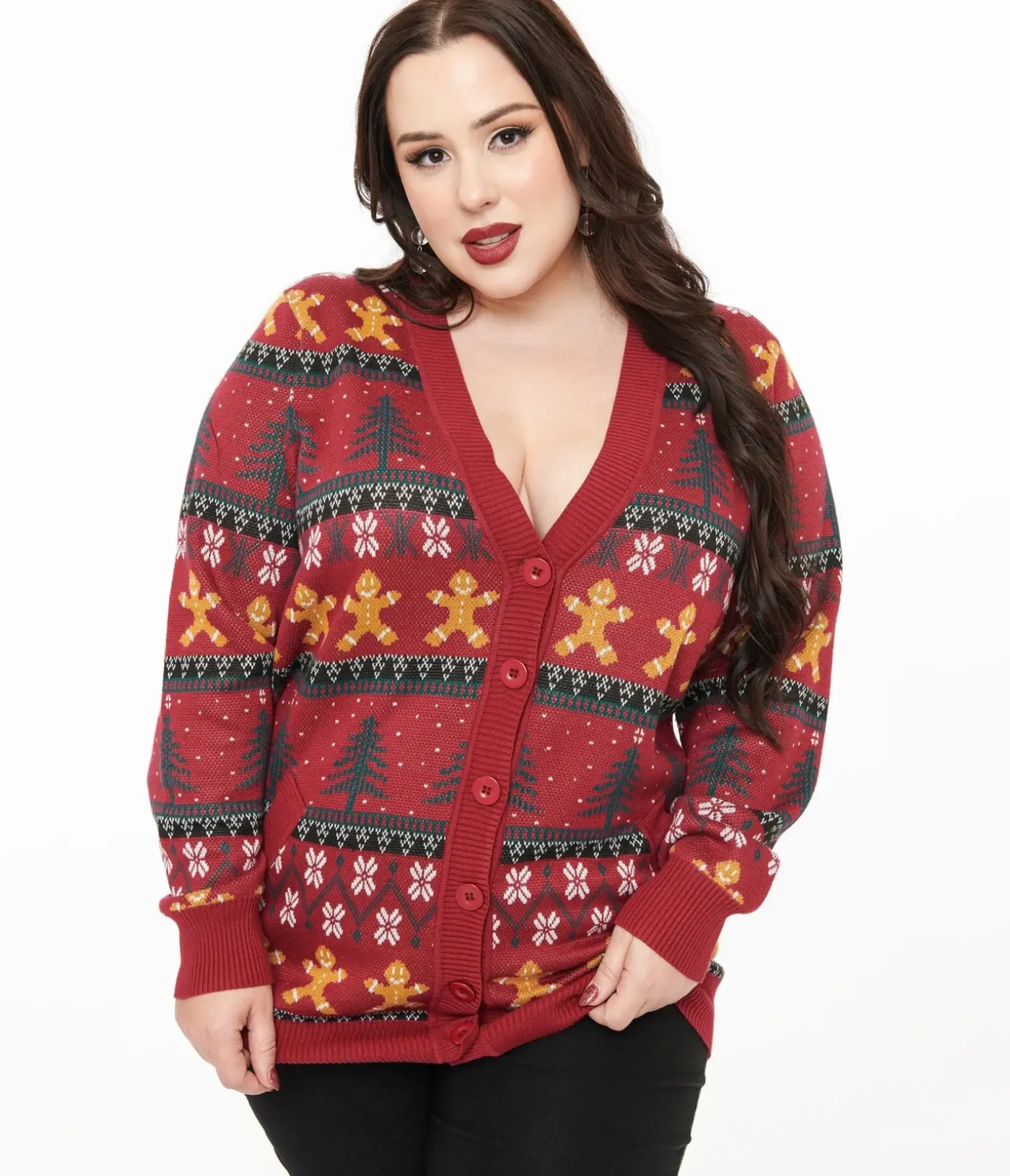 Unique Vintage Sweaters & Cardigans>Plus Size 1960s Burgundy Gingerbread Fair Isle Cardigan