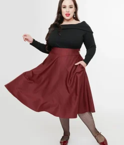Unique Vintage Skirts|Skirts>Plus Size 1950s Burgundy High Waist Vivien Swing Skirt