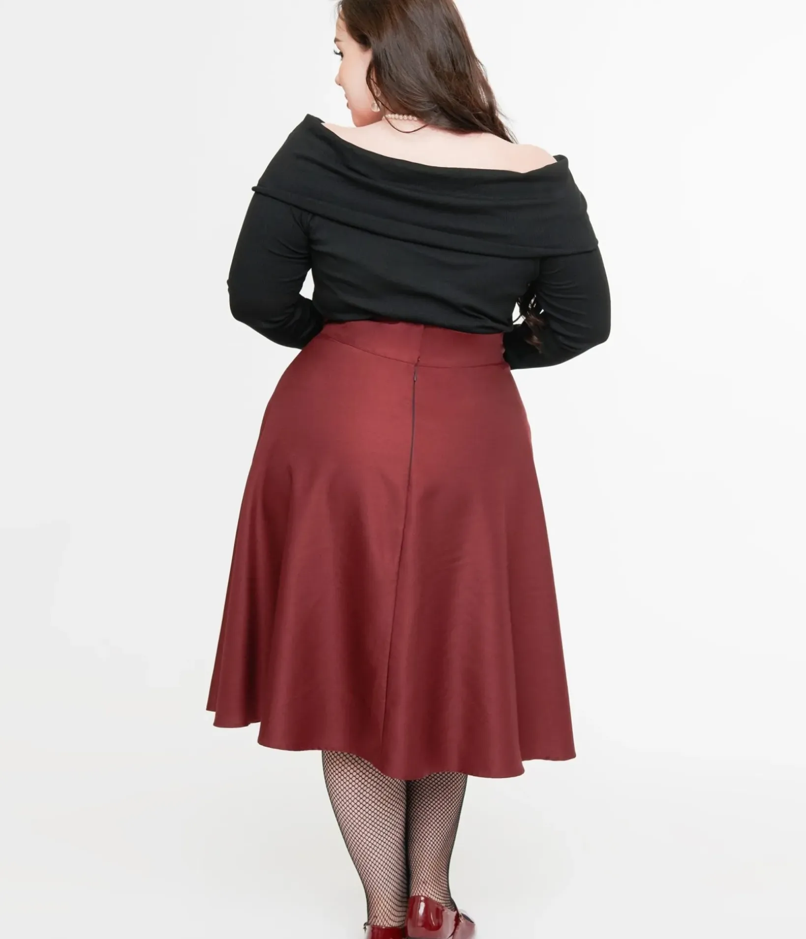 Unique Vintage Skirts|Skirts>Plus Size 1950s Burgundy High Waist Vivien Swing Skirt