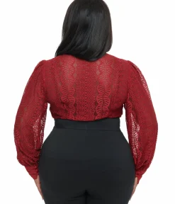 Unique Vintage Work Wear>Plus Size 1940s Burgundy Lace Gwen Blouse