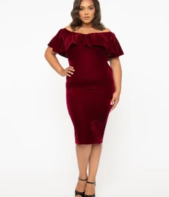 Unique Vintage Pencil|Pencil>Plus Size 1950s Burgundy Red Velvet Sophia Wiggle Dress