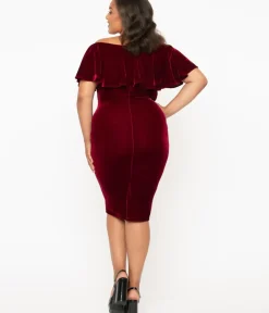 Unique Vintage Pencil|Pencil>Plus Size 1950s Burgundy Red Velvet Sophia Wiggle Dress