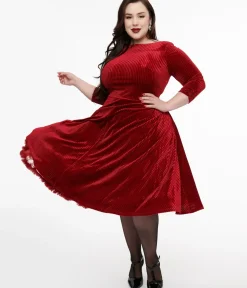 Unique Vintage Swing|Pocket Dresses>Plus Size 1950s Burgundy Textured Velvet Devon Swing Dress