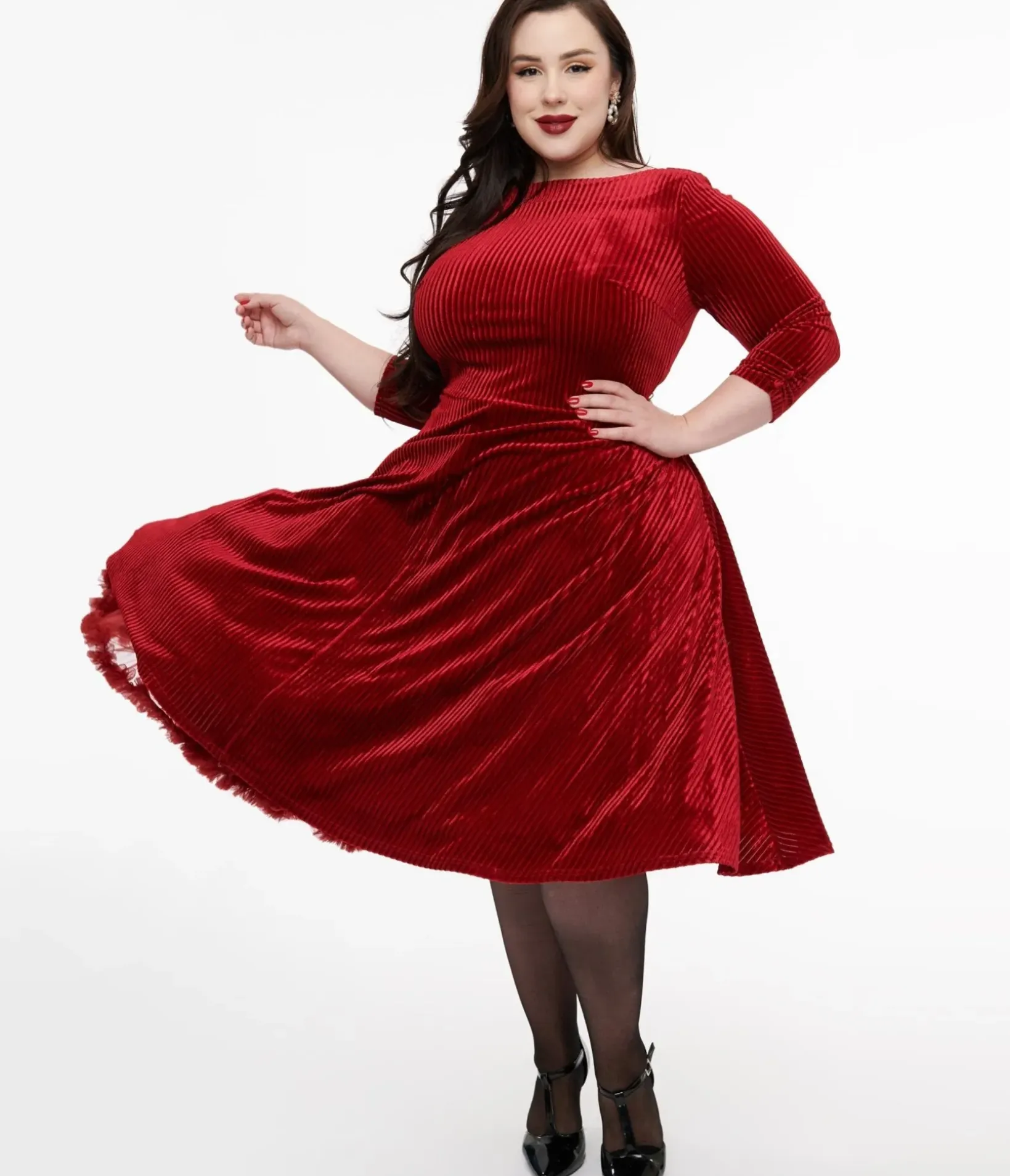 Unique Vintage Swing|Pocket Dresses>Plus Size 1950s Burgundy Textured Velvet Devon Swing Dress
