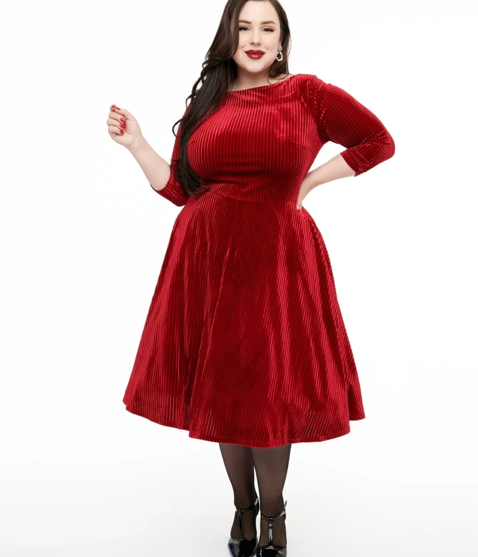Unique Vintage Swing|Pocket Dresses>Plus Size 1950s Burgundy Textured Velvet Devon Swing Dress
