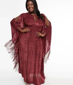Unique Vintage Maxi|Caftans>Plus Size 1960s Burgundy Velvet Burnout Caftan
