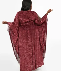 Unique Vintage Maxi|Caftans>Plus Size 1960s Burgundy Velvet Burnout Caftan