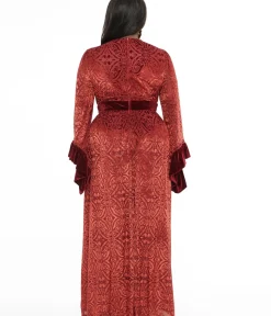 Unique Vintage Maxi|Midi & Maxi>Plus Size 1970s Burgundy Velvet Burnout Maxi Dress