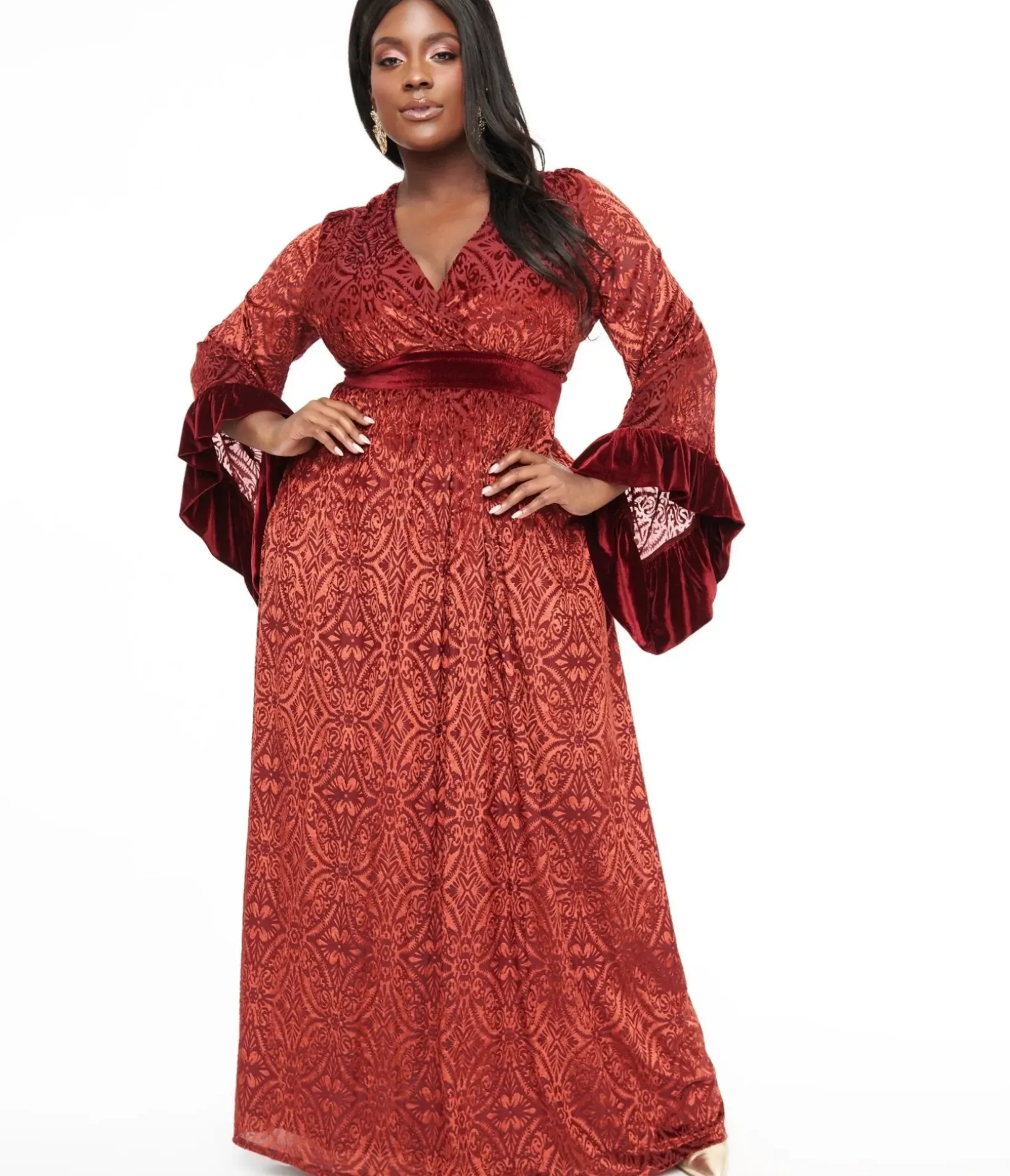 Unique Vintage Maxi|Midi & Maxi>Plus Size 1970s Burgundy Velvet Burnout Maxi Dress