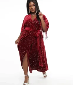 Unique Vintage Midi|Wrap Dresses>Plus Size 1970s Burgundy Velvet Silver Star Wrap Midi Dress