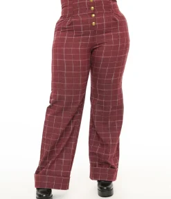 Unique Vintage Pants|Pants>Plus Size 1940s Burgundy Windowpane Buttoned Wide Leg Trousers