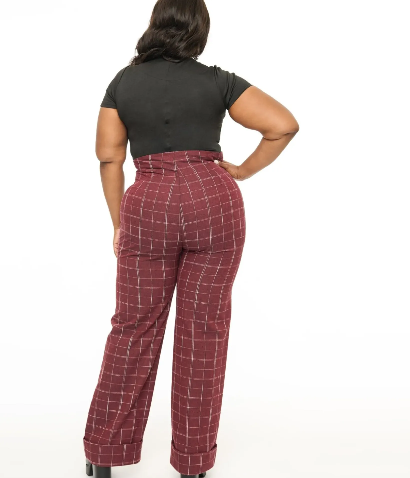 Unique Vintage Pants|Pants>Plus Size 1940s Burgundy Windowpane Buttoned Wide Leg Trousers