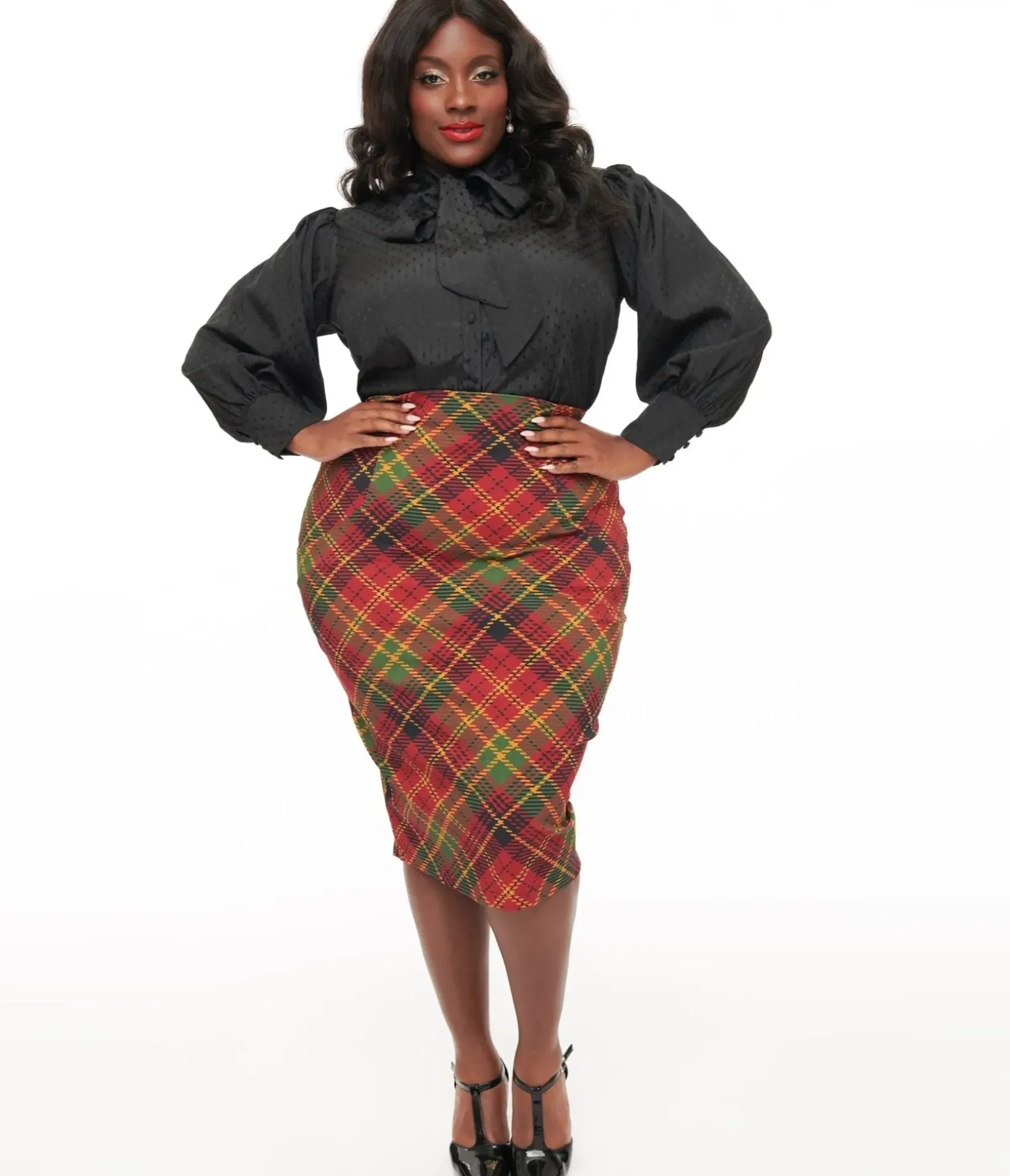 Unique Vintage Skirts|Skirts>Plus Size 1950s Burnt Orange & Green Plaid Tracy Pencil Skirt