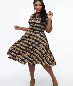 Unique Vintage Swing|Pocket Dresses>Plus Size 1950s Cat & Bookshelf Print Alexis Swing Dress